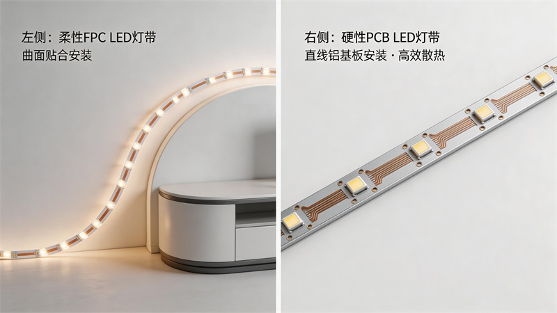 jimeng-2026-03-18-7246-3D產(chǎn)品展示圖，一張圖片中間隔開(kāi)，分左右兩部分。左側(cè)柔性FPC LED燈帶彎曲貼....JPG