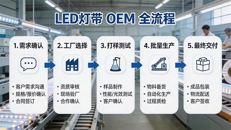 jimeng-2026-03-19-9597-LED燈帶OEM流程信息圖,展示從需求確認、工廠選擇、打樣測試、批量生產到最終交....JPG jimeng-2026-03-19-9597-LED燈帶OEM流程信息圖,展示從需求確認、工廠選擇、打樣測試、批量生產到最終交....JPG