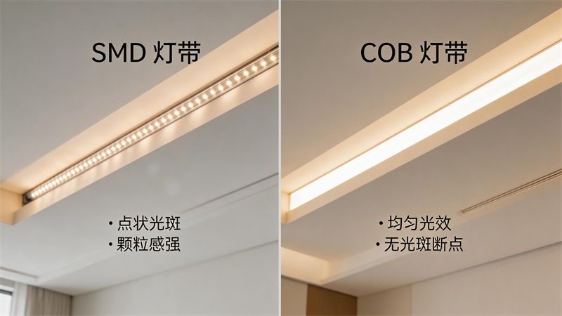 jimeng-2026-03-20-7135-對比畫面,左側為普通SMD燈帶,光點明顯,有顆粒感;右側為COB燈帶,光線連續均....JPG jimeng-2026-03-20-7135-對比畫面,左側為普通SMD燈帶,光點明顯,有顆粒感;右側為COB燈帶,光線連續均....JPG