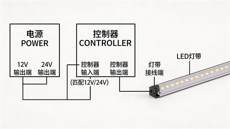 jimeng-2026-03-27-8338-LED燈帶電源與控制器連接示意圖 標注12V 24V電壓匹配 控制器與燈帶連接方....JPG jimeng-2026-03-27-8338-LED燈帶電源與控制器連接示意圖 標注12V 24V電壓匹配 控制器與燈帶連接方....JPG
