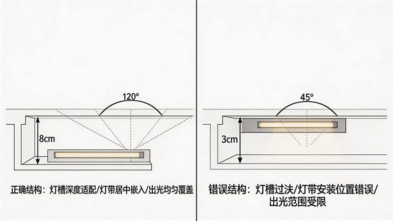 jimeng-2026-03-23-7800-燈帶安裝結(jié)構(gòu)剖面示意圖,展示燈槽深度、燈帶位置、出光角度,正確與錯誤結(jié)構(gòu)對比,包....JPG jimeng-2026-03-23-7800-燈帶安裝結(jié)構(gòu)剖面示意圖,展示燈槽深度、燈帶位置、出光角度,正確與錯誤結(jié)構(gòu)對比,包....JPG