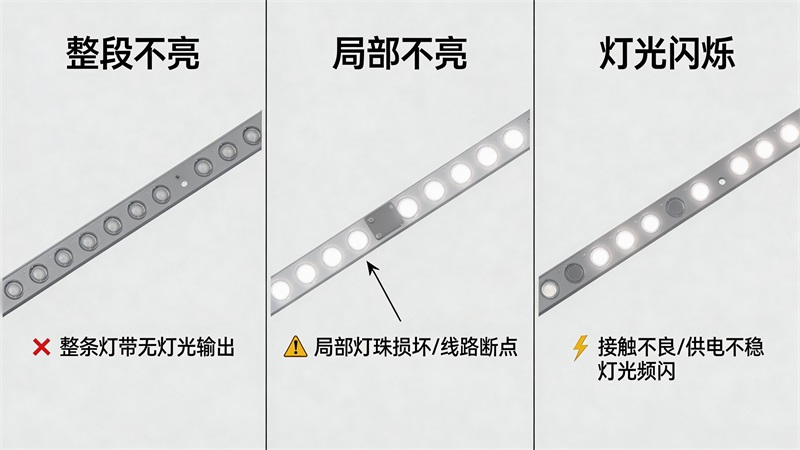 jimeng-2026-04-03-4797-LED燈帶故障示意圖，一張圖分成左中右三個(gè)均勻的部分，分別展示整段不亮、局部不亮....JPG